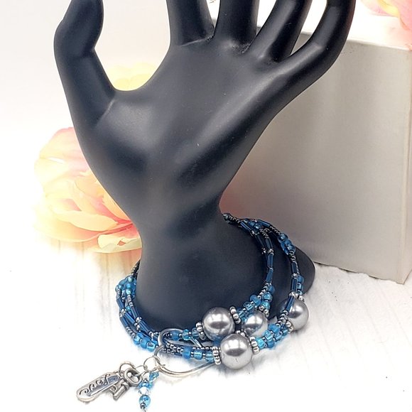 Dark Blue Hematite & Heart Charm Dangle Boho Wrap Bracelet/Necklace Earrings Set - Picture 7 of 17